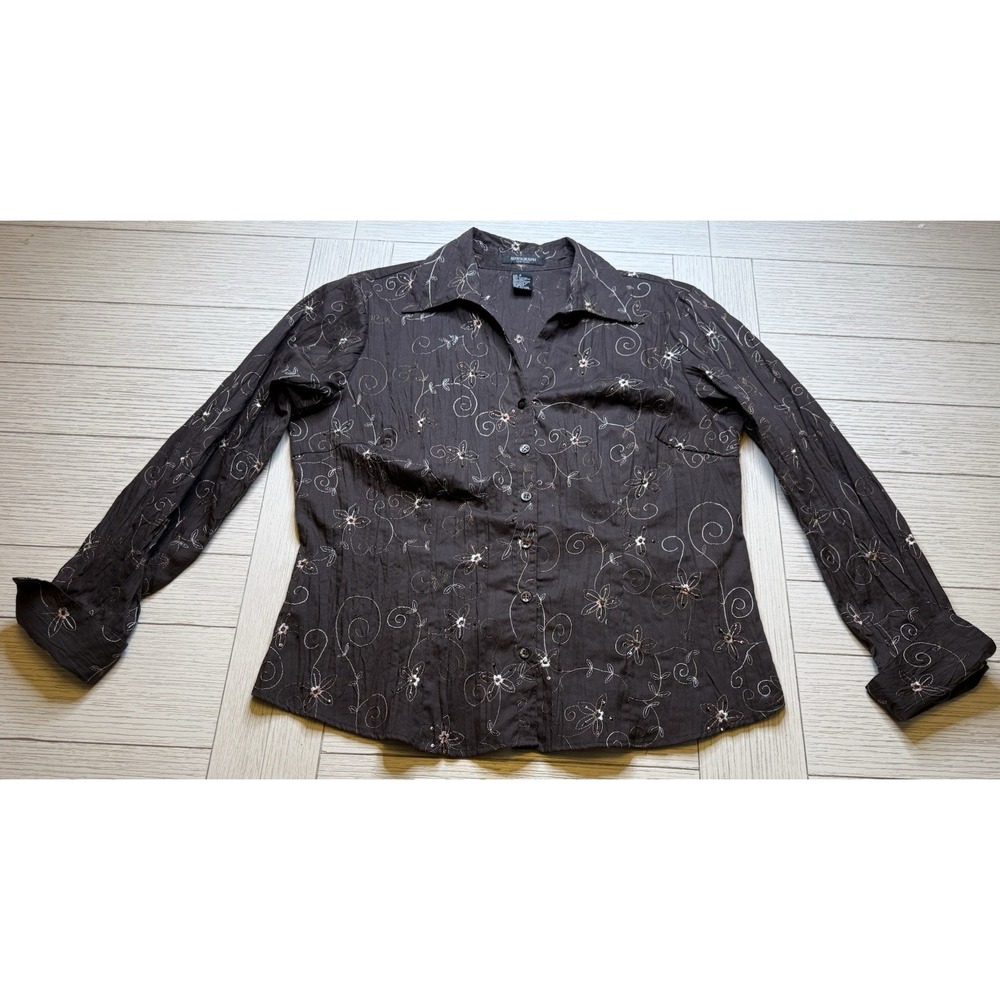 Autograph Women's Brown Embroidered Floral Long Sleeve‎ Button Down Blouse Sz S